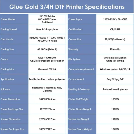 Glue Gold 3-4 Heads DTF Printer Ola Jet Pro